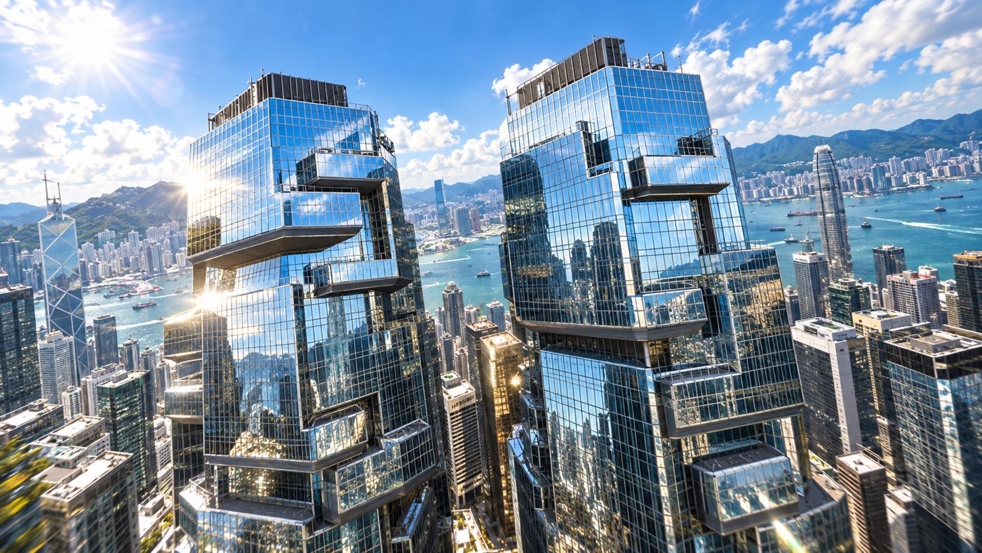 Glass office towers above Victoria Harbour, Hong Kong